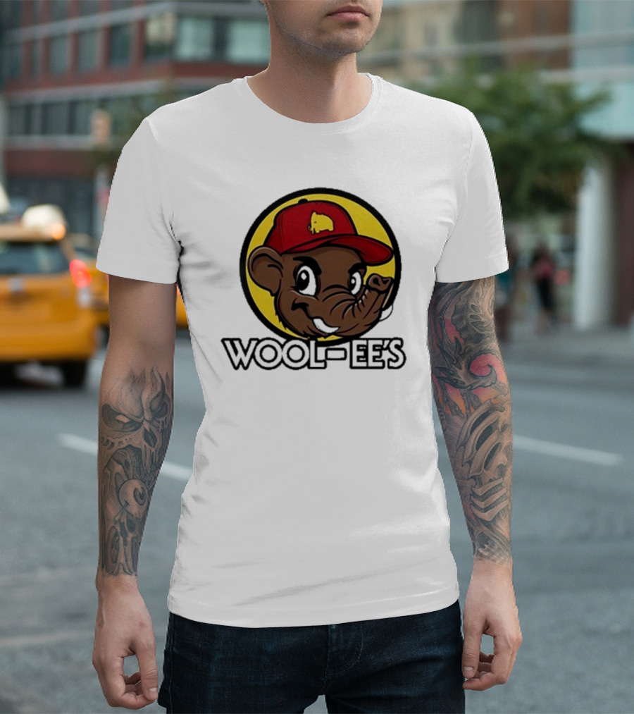 Wooli Wool-Ee’s Cartoon Character in Red Hat with Yellow Mammoth T-Shirt
