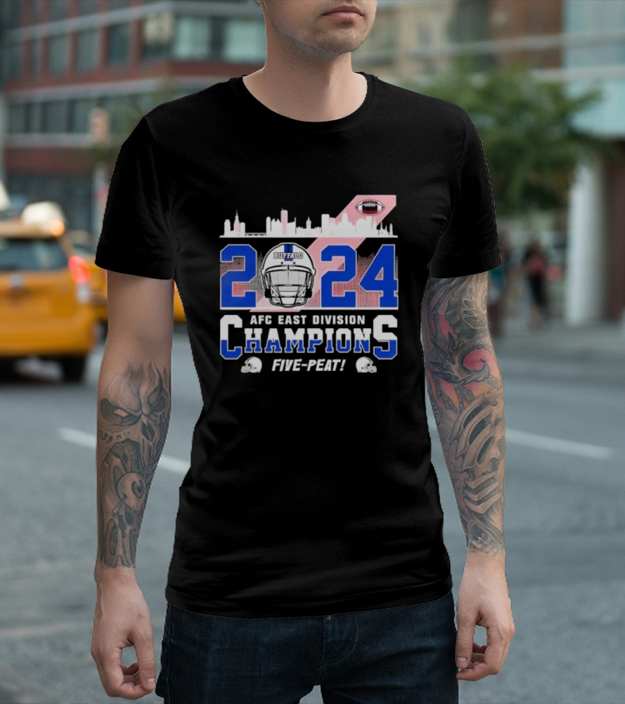Buffalo 2024 AFC East Division Champions Five-Peat Football Helmet City Skyline T-Shirt