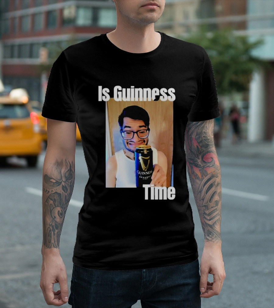 Felipe Canizales Holding Guinness Beer Can with Is Guinness Time Text T-Shirt