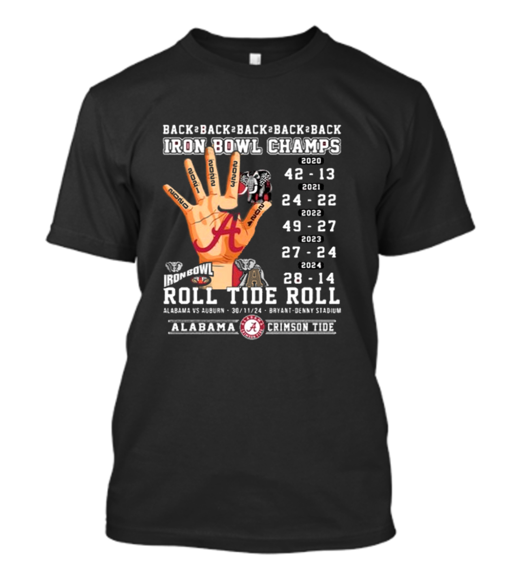 Back To Back Iron Bowl Champs Roll Tide Alabama Vs Auburn 2024 Bryant-Denny Stadium T-Shirt