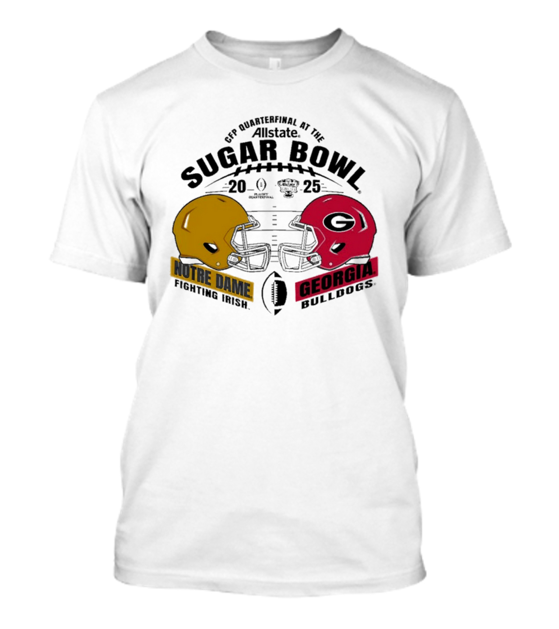 CFP Quarterfinal At The Allstate Sugar Bowl 2024-25 Notre Dame Fighting Irish Vs Georgia Bulldogs Dueling Helmet T-Shirt