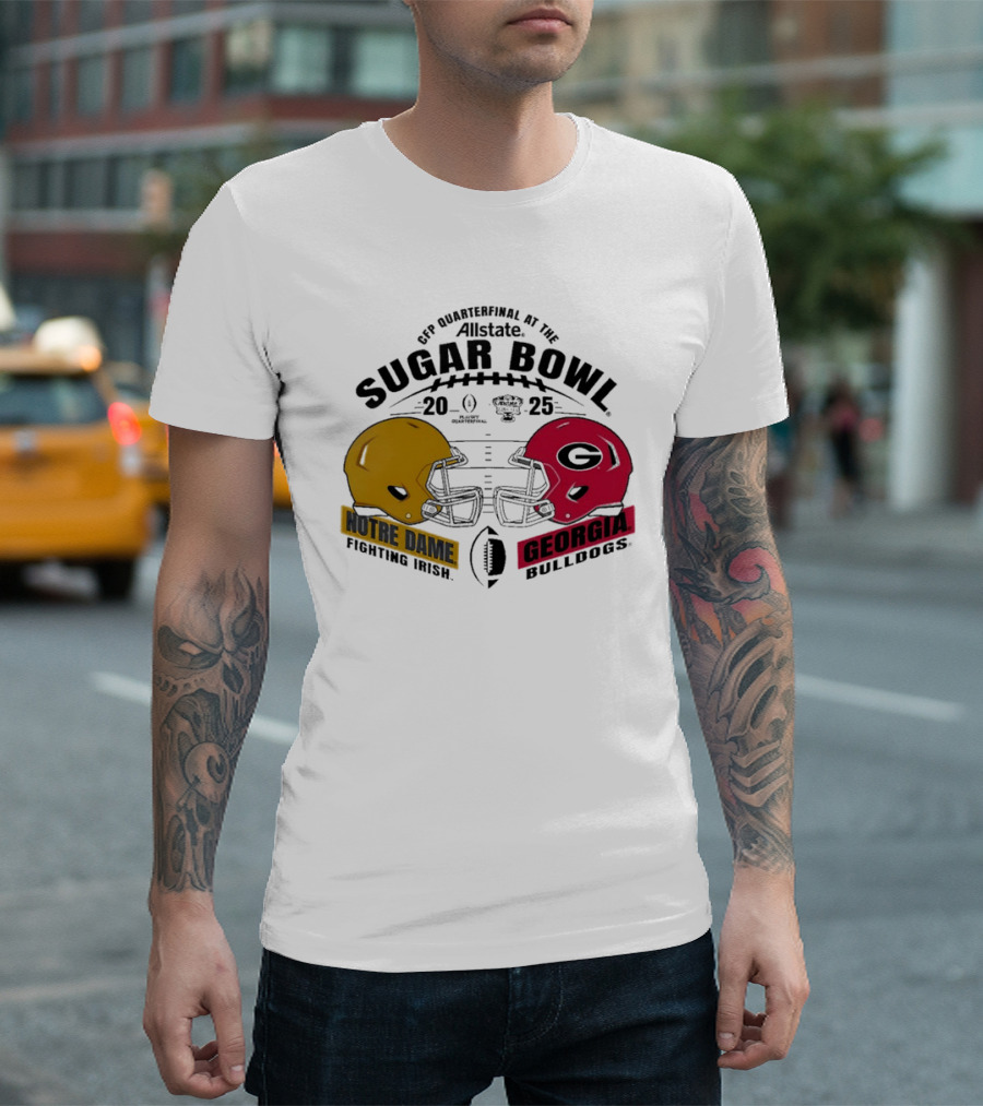 CFP Quarterfinal At The Allstate Sugar Bowl 2024-25 Notre Dame Fighting Irish Vs Georgia Bulldogs Dueling Helmet T-Shirt