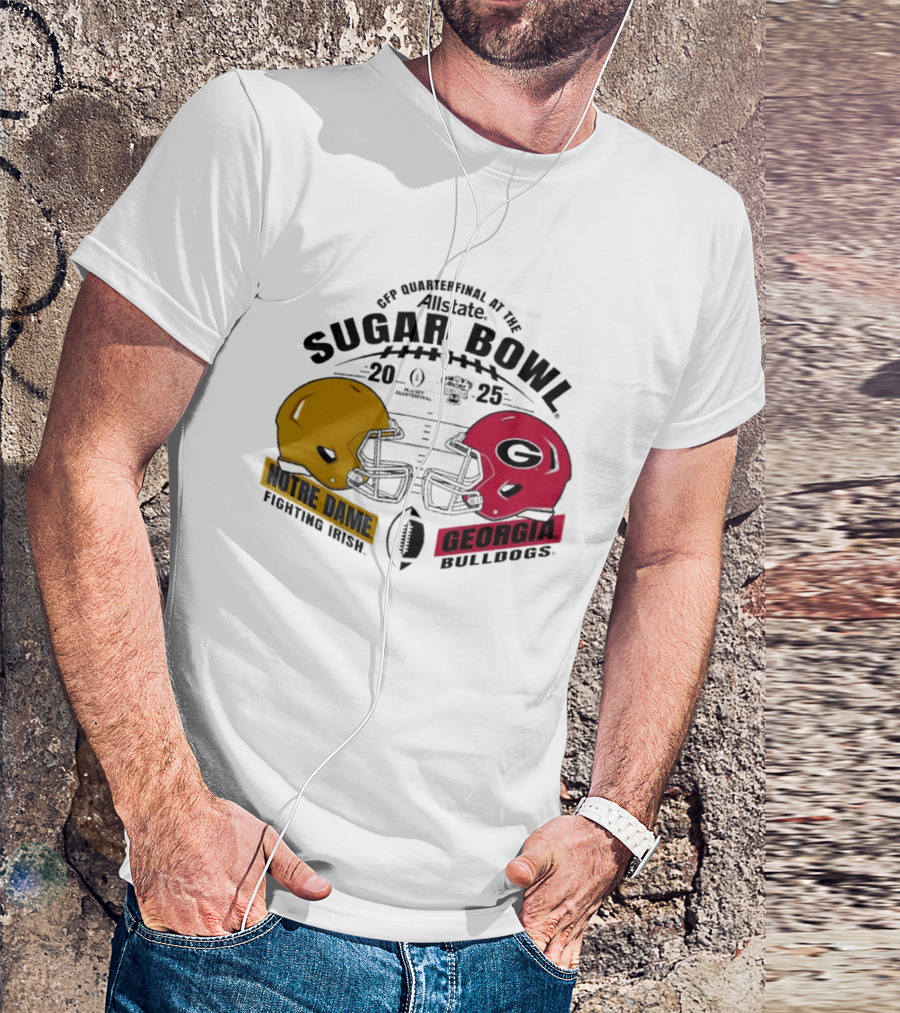 CFP Quarterfinal At The Allstate Sugar Bowl 2024-25 Notre Dame Fighting Irish Vs Georgia Bulldogs Dueling Helmet T-Shirt