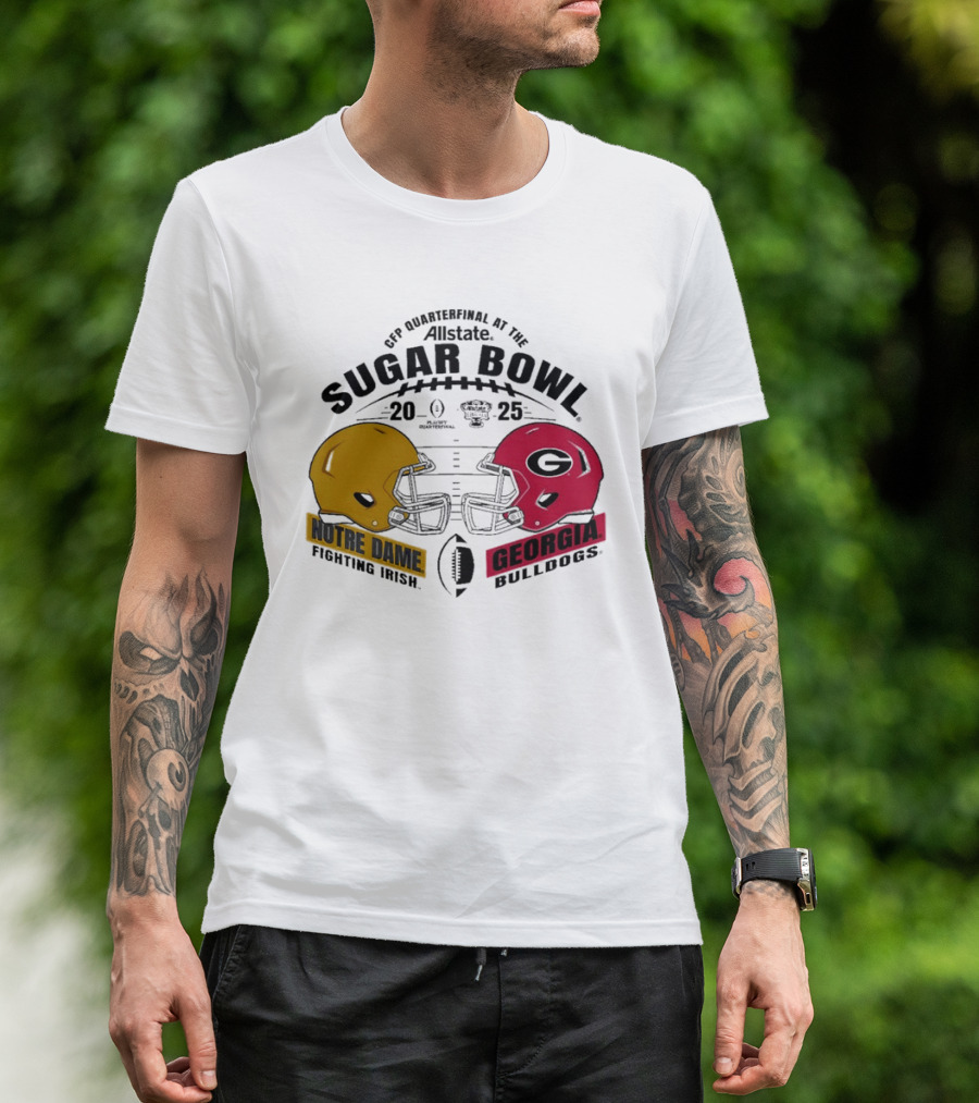 CFP Quarterfinal At The Allstate Sugar Bowl 2024-25 Notre Dame Fighting Irish Vs Georgia Bulldogs Dueling Helmet T-Shirt
