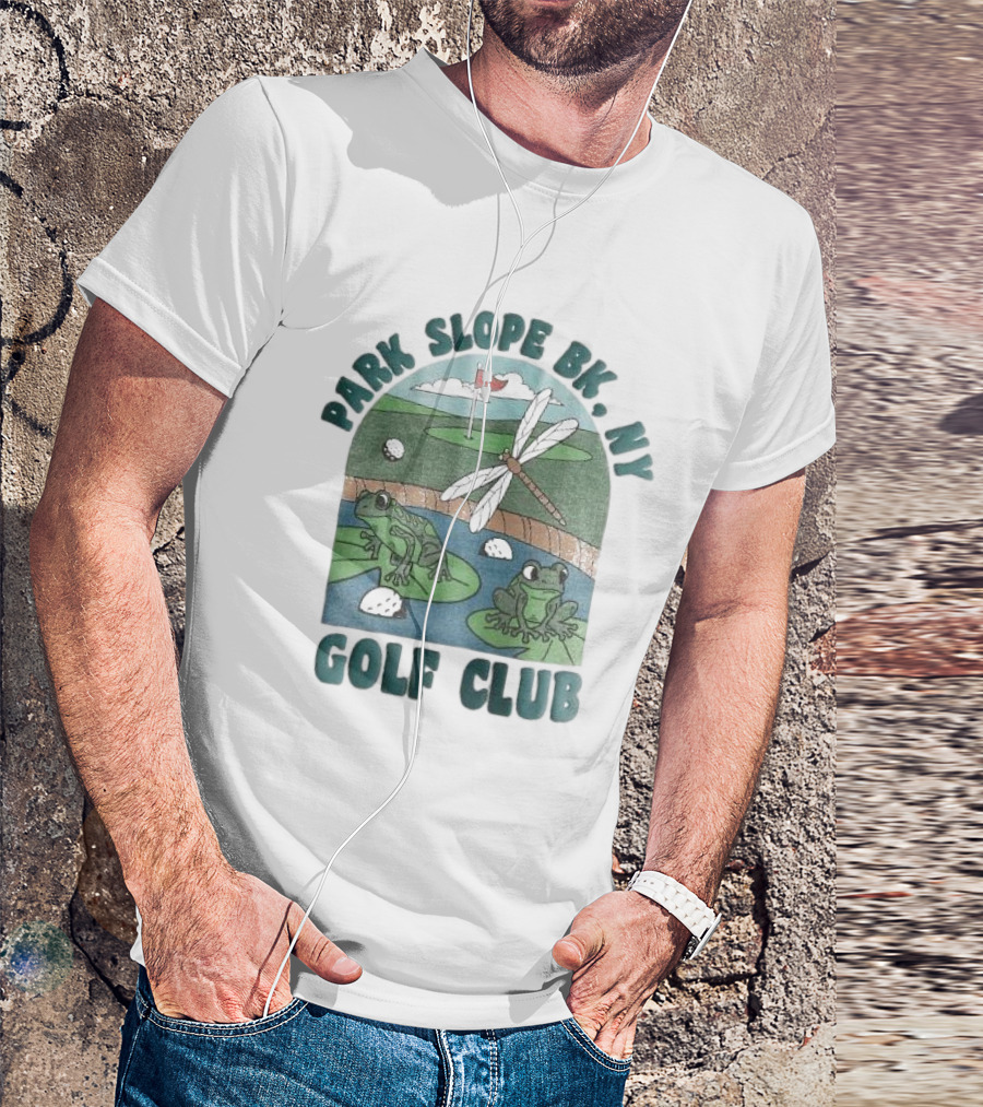 Park Slope BK NY Golf Club Frog And Dragonfly On Golf Course Lily Pads In Pond T-Shirt