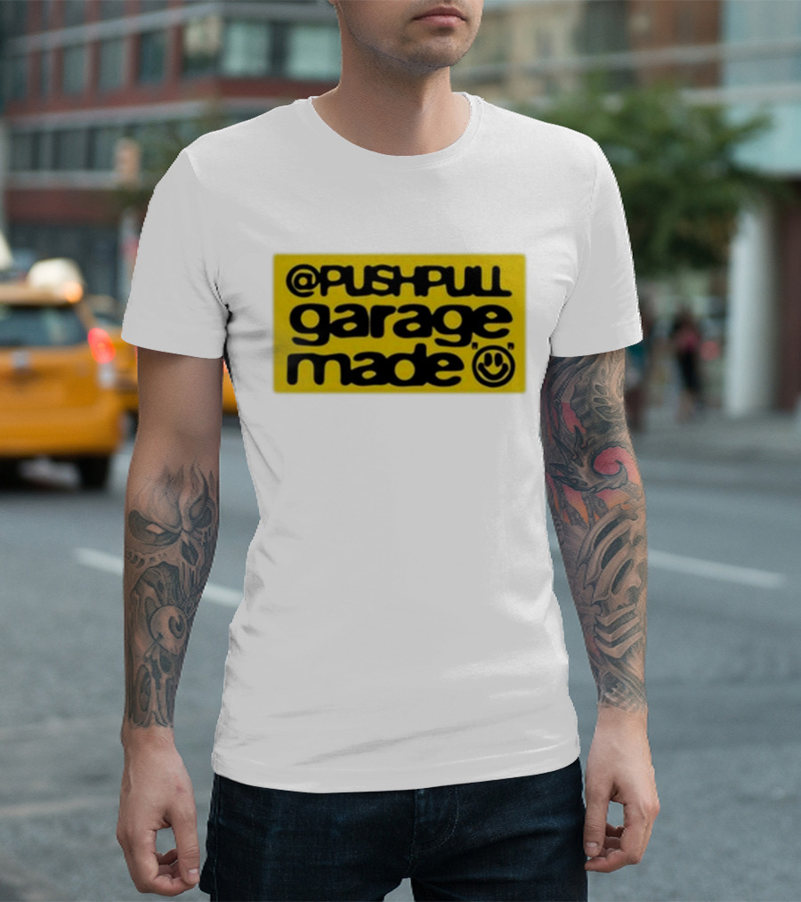 Pushpull Garage Made Smiley Face Yellow Background T-Shirt