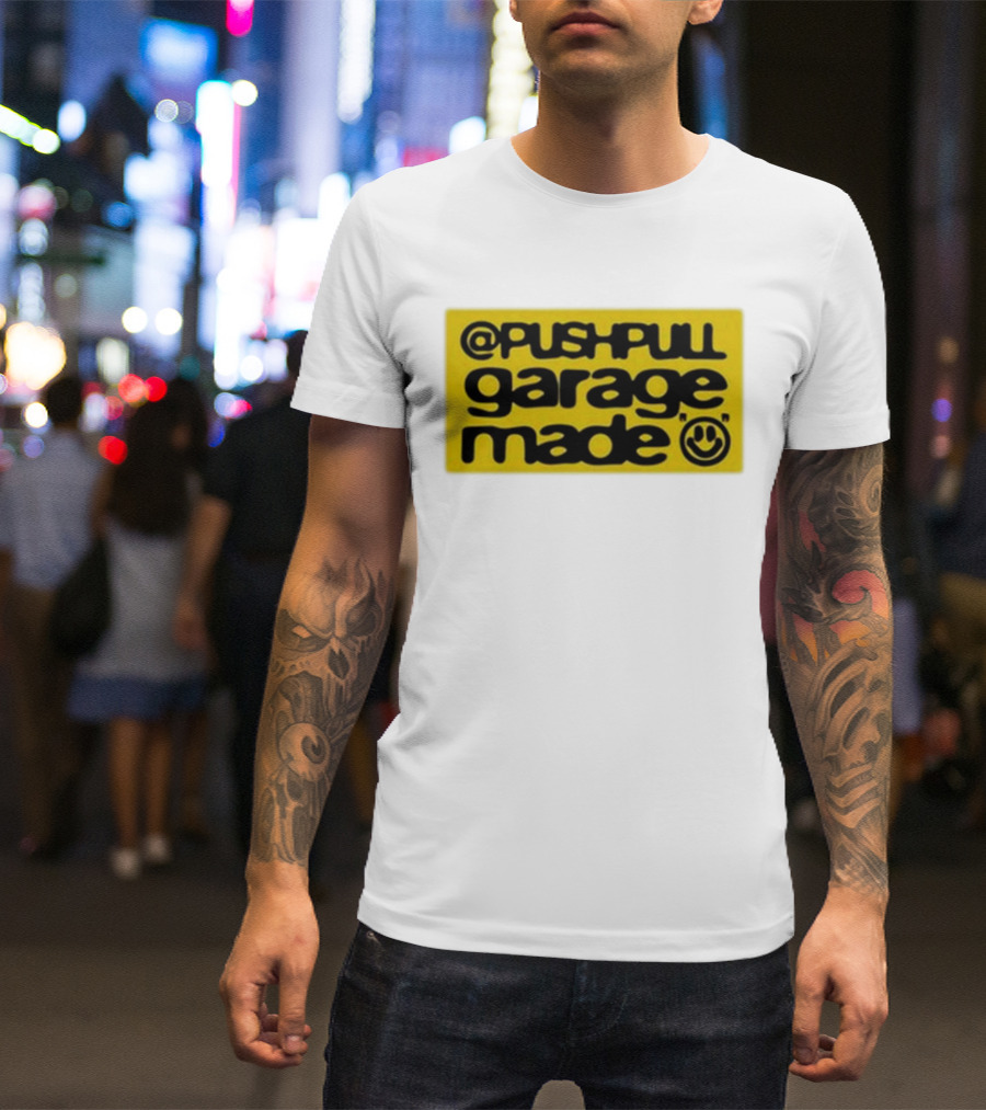 Pushpull Garage Made Smiley Face Yellow Background T-Shirt