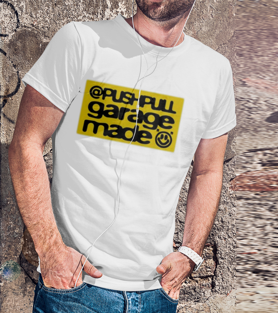 Pushpull Garage Made Smiley Face Yellow Background T-Shirt