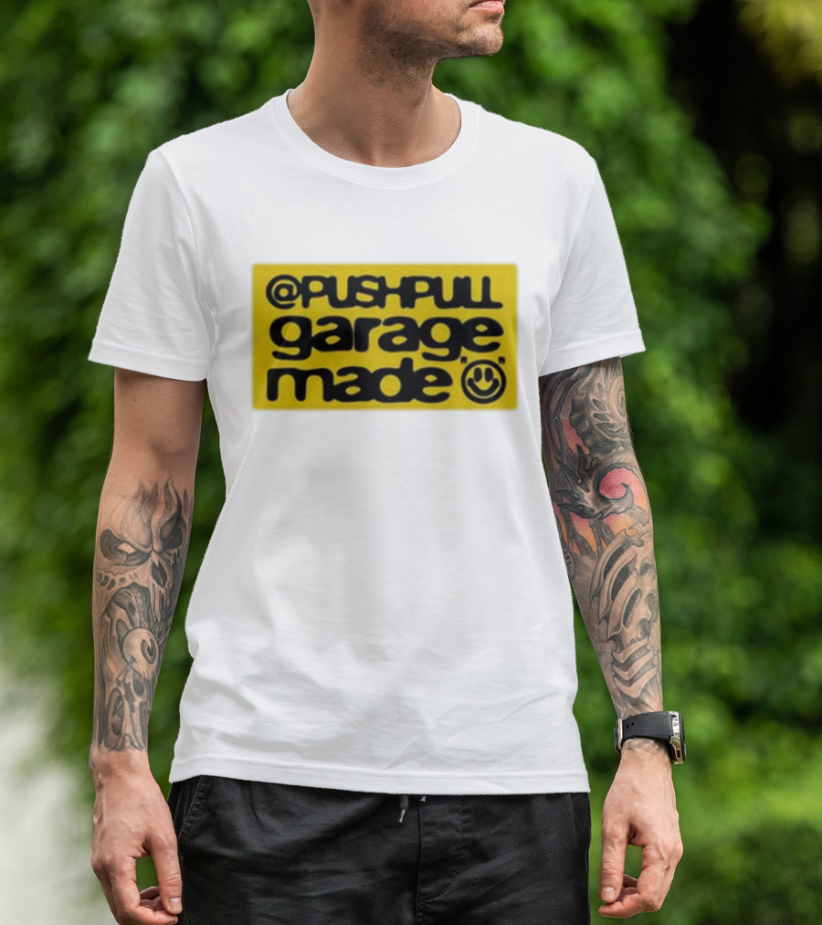 Pushpull Garage Made Smiley Face Yellow Background T-Shirt
