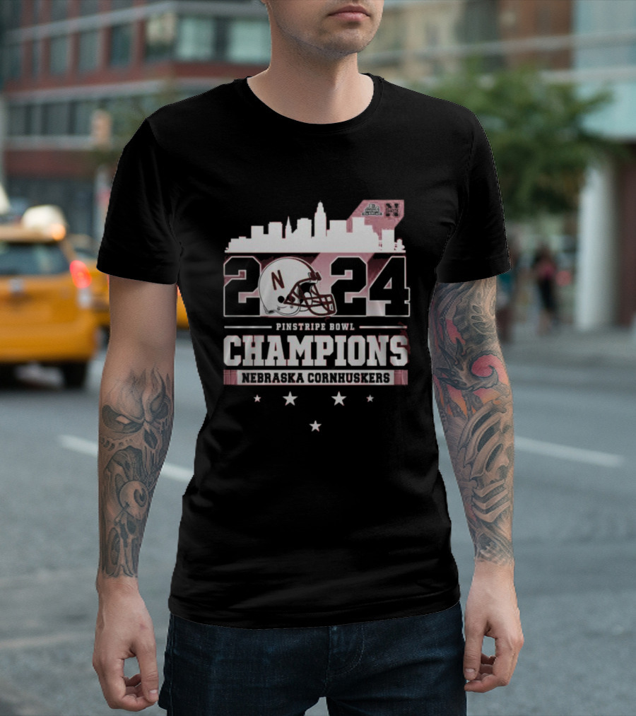 Nebraska Cornhuskers 2024 Pinstripe Bowl Champions Football Helmets Stars Skyline T-Shirt