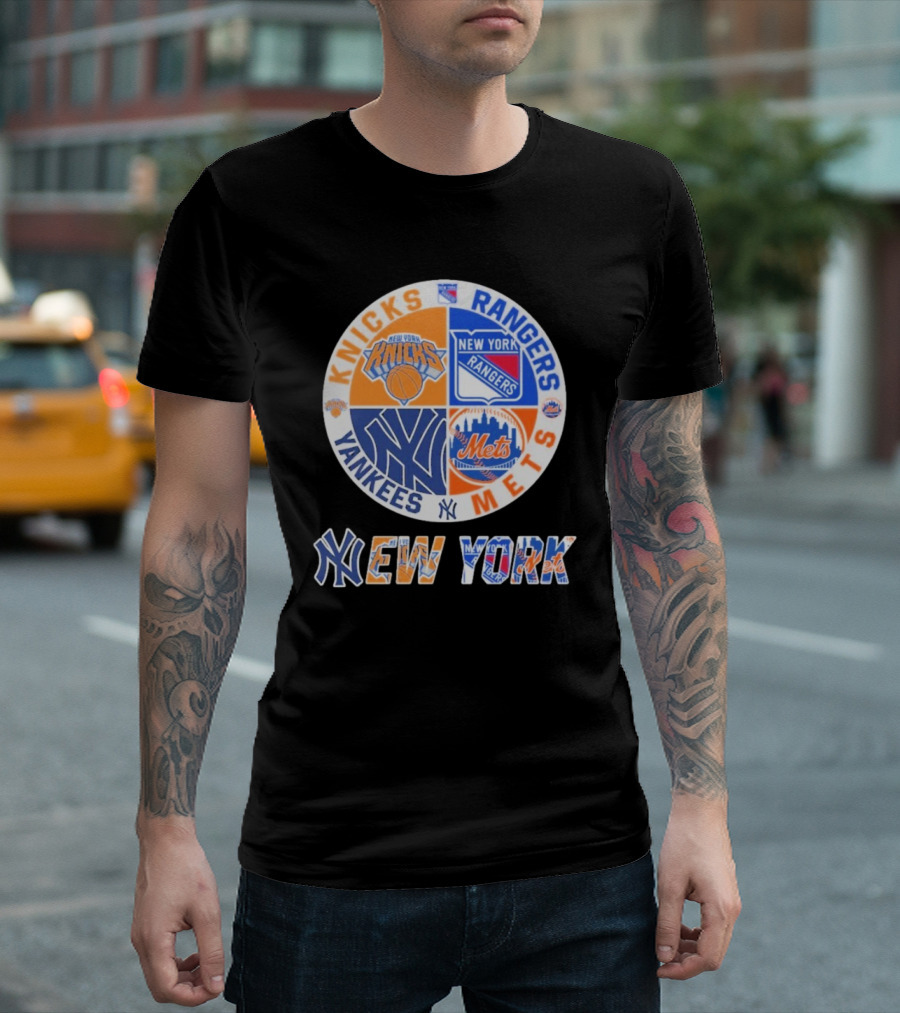 Knicks Rangers Yankees Mets New York Circle Logo Collaboration T-Shirt