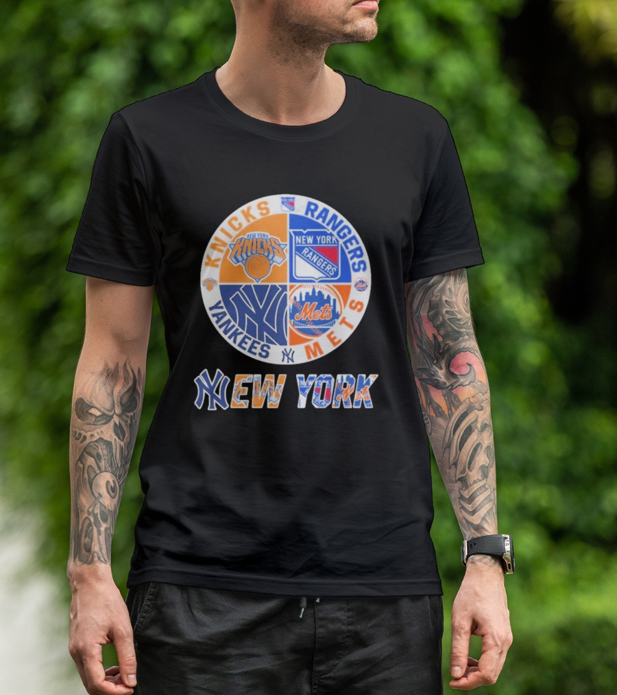 Knicks Rangers Yankees Mets New York Circle Logo Collaboration T-Shirt