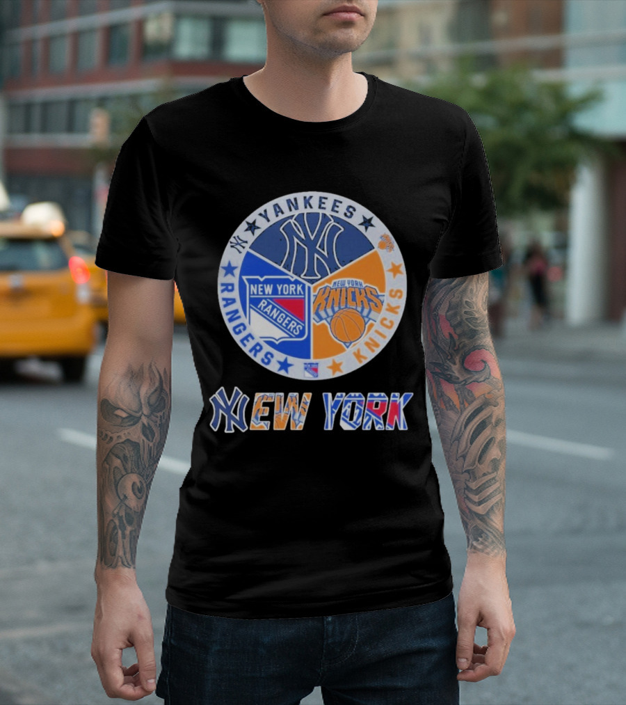 Yankees Rangers Knicks New York Sports Collaboration T-Shirt