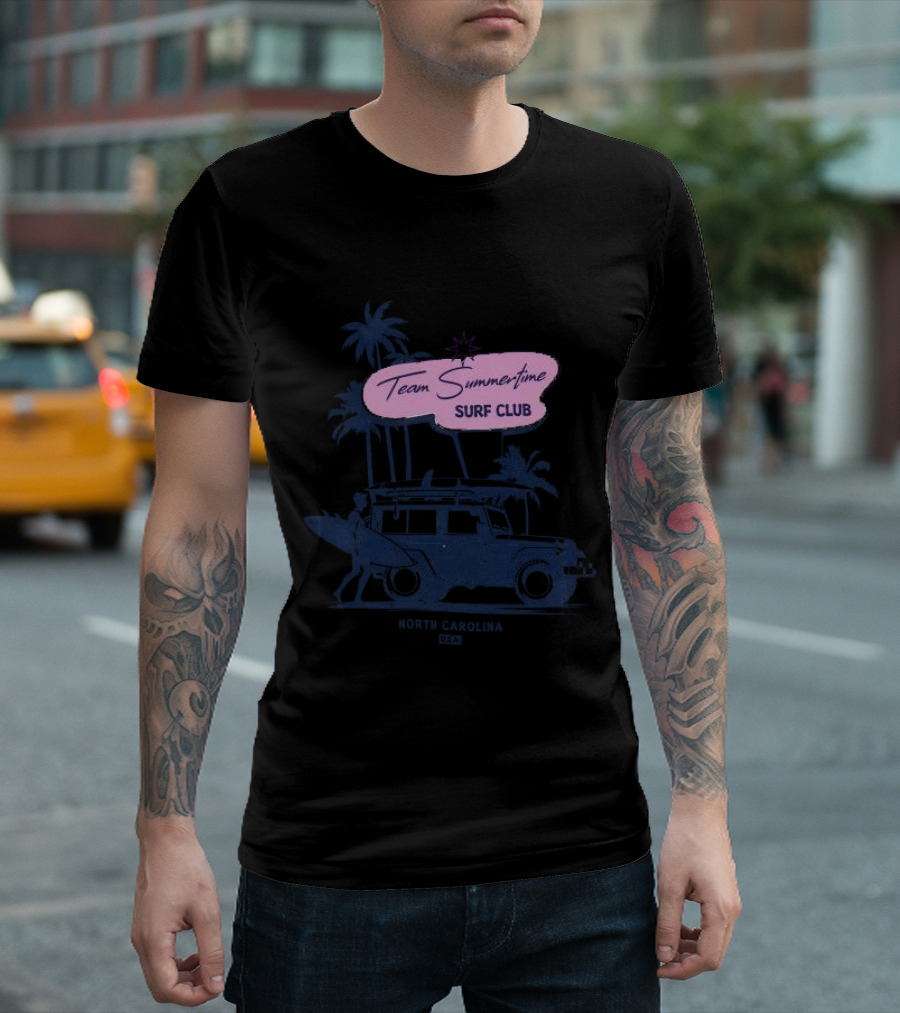 Team Summertime Surf Club North Carolina USA Vintage Beach Jeep and Surfboards Palm Tree Adventure T-Shirt
