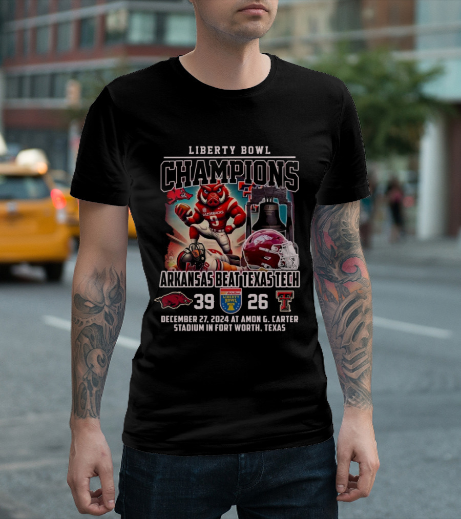 Liberty Bowl Champions Arkansas Beat Texas Tech 39 26 December 27 2024 Amon G Carter Stadium Fort Worth Texas Razorbacks Red Helmet T-Shirt