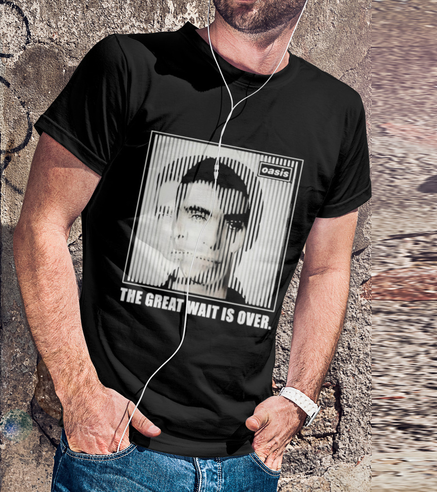 Oasis The Great Wait Is Over Black And White Portrait Striped Effect T-Shirt