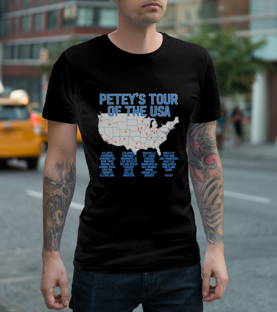 Petey's Tour of the USA Map Featuring Cities Like Los Angeles, New York, and Chicago T-Shirt