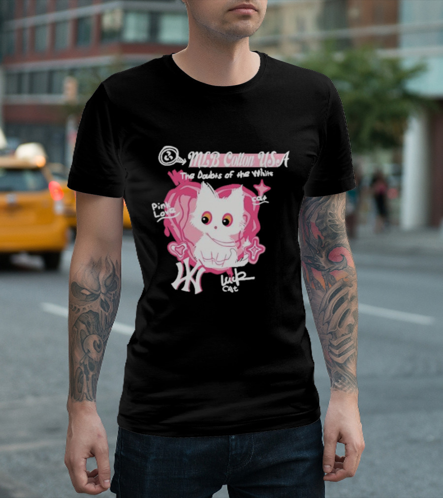 MLB Cotton USA The Doubts Of The White Cat Pink Love Lucky Cat T-Shirt