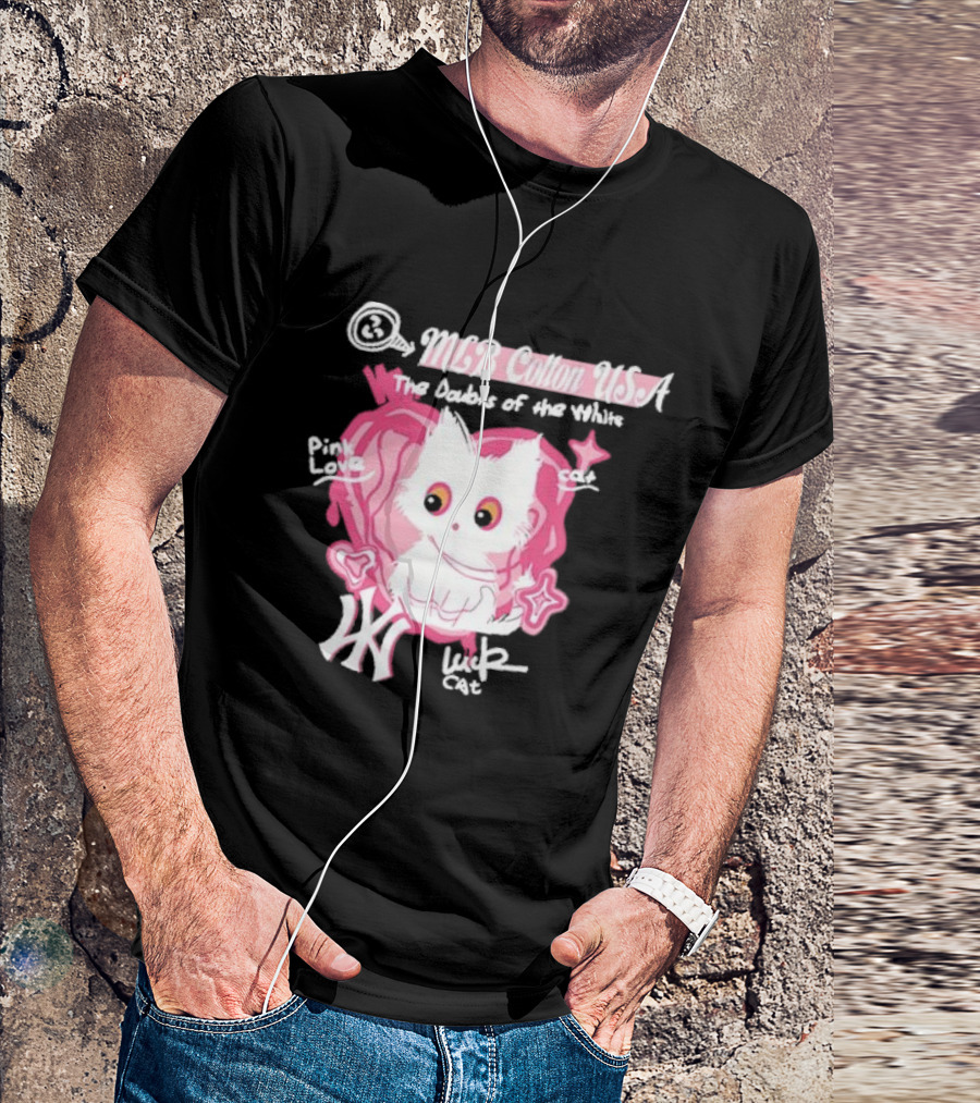 MLB Cotton USA The Doubts Of The White Cat Pink Love Lucky Cat T-Shirt