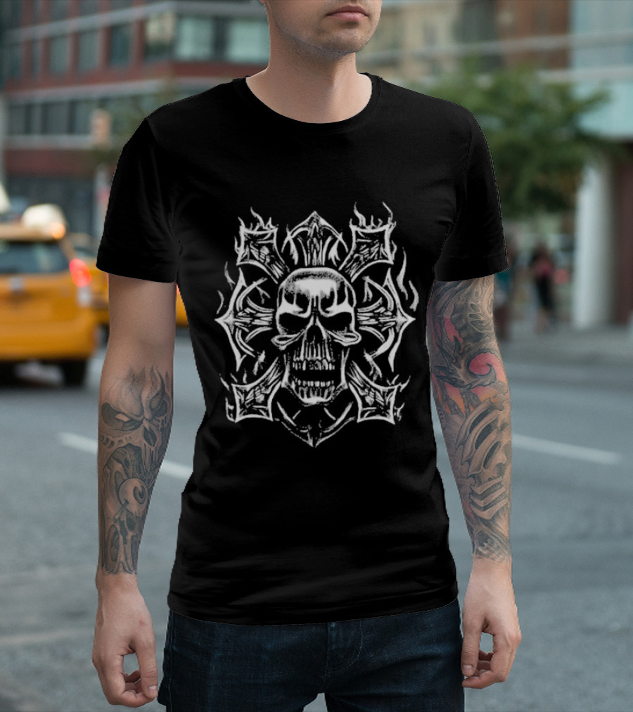 Revenge Ghostrider Skull with Flames and Cross T-Shirt