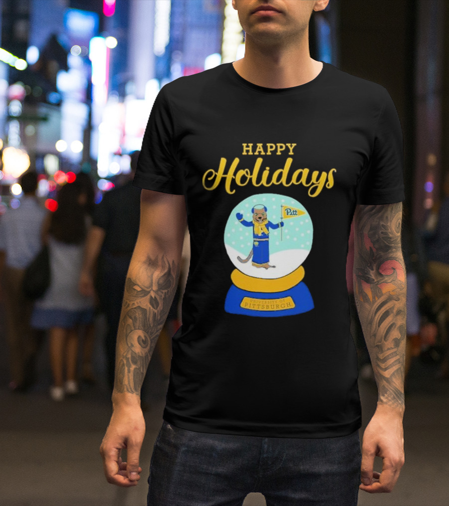 University Of Pittsburgh Pitt Roc Snow Globe Happy Holidays T-Shirt