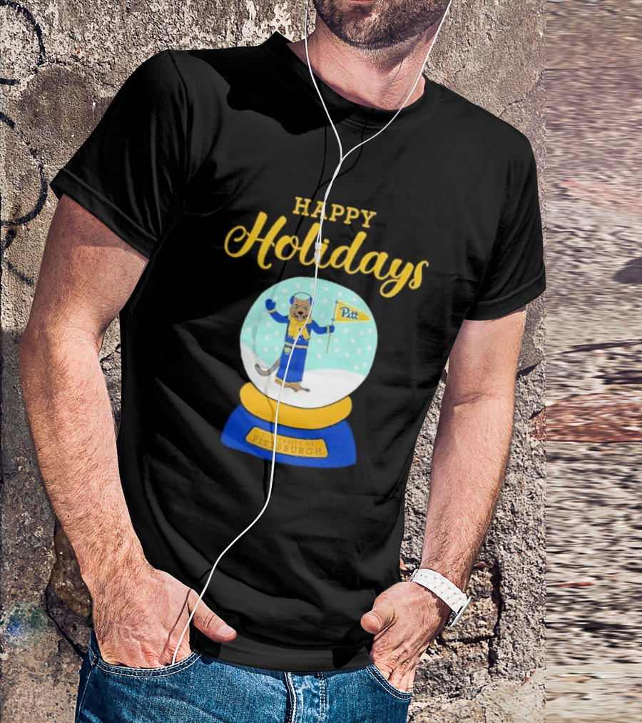 University Of Pittsburgh Pitt Roc Snow Globe Happy Holidays T-Shirt