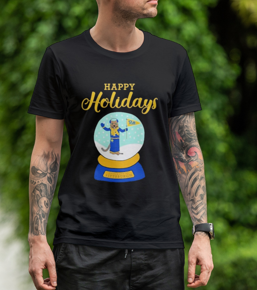 University Of Pittsburgh Pitt Roc Snow Globe Happy Holidays T-Shirt