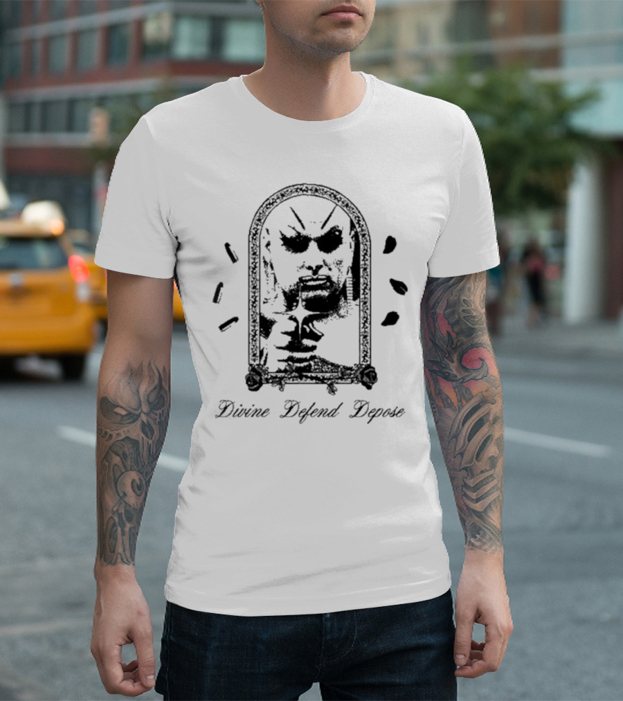 Catchinglizards Divine Defend Depose Bold Portrait with Roses and Bullets T-Shirt