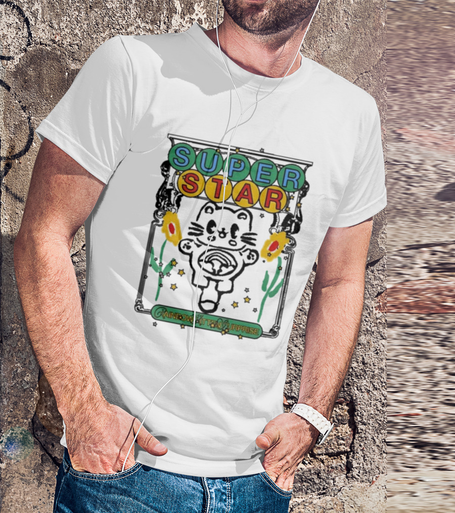 Rainbow Kitten Surprise Superstar Floating Cat With Rainbow Starry Background T-Shirt