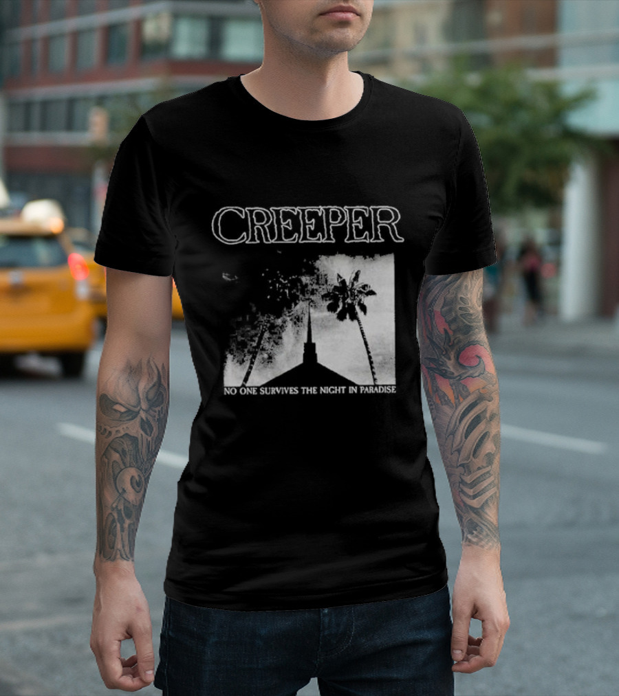 Creeper No One Survives the Night in Paradise Palm Trees and Church Spire Dark Aesthetic T-Shirt