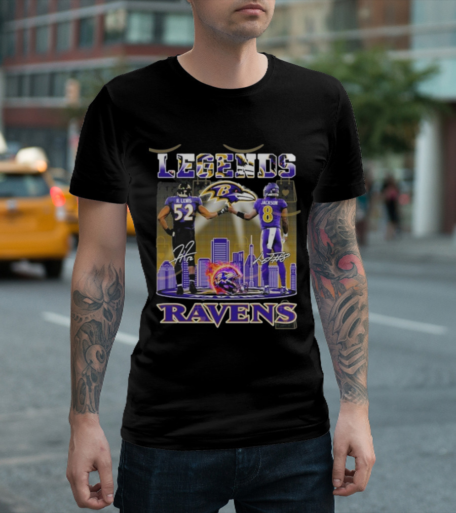 Baltimore Ravens Legends Ray Lewis 52 x Lamar Jackson 8 Signature T-Shirt