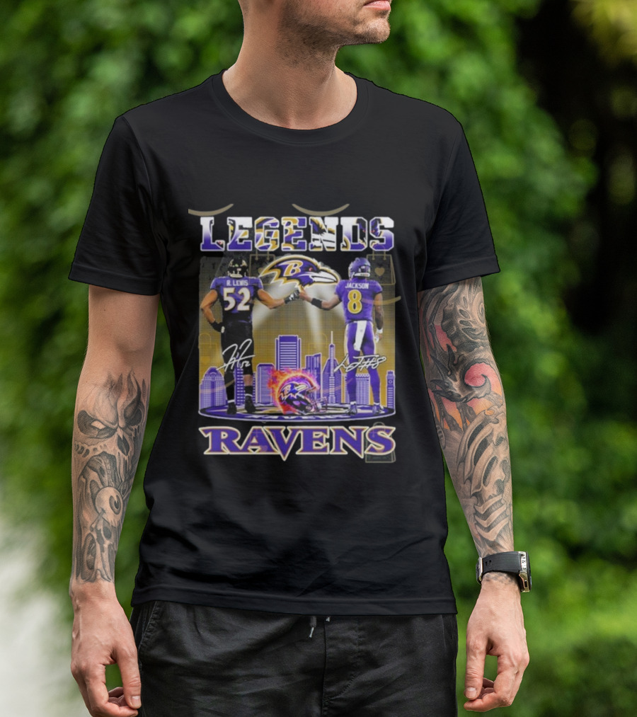 Baltimore Ravens Legends Ray Lewis 52 X Lamar Jackson 8 Signature T-Shirt