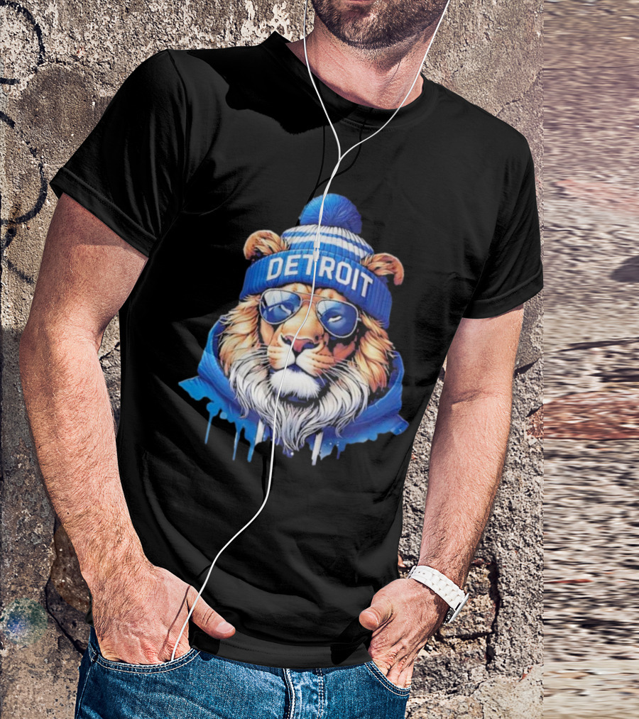 Detroit Lions Football 2025 New Season Cool Lion In Blue Beanie And Shades T-Shirt