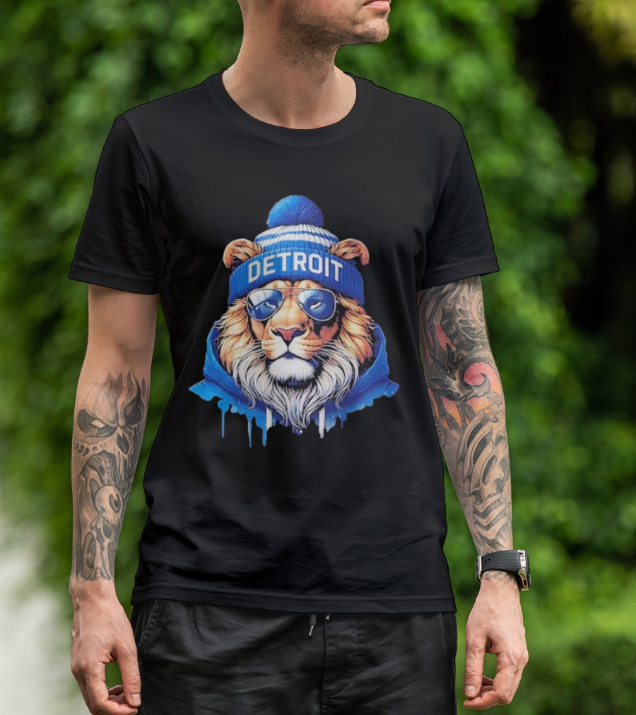 Detroit Lions Football 2025 New Season Cool Lion In Blue Beanie And Shades T-Shirt