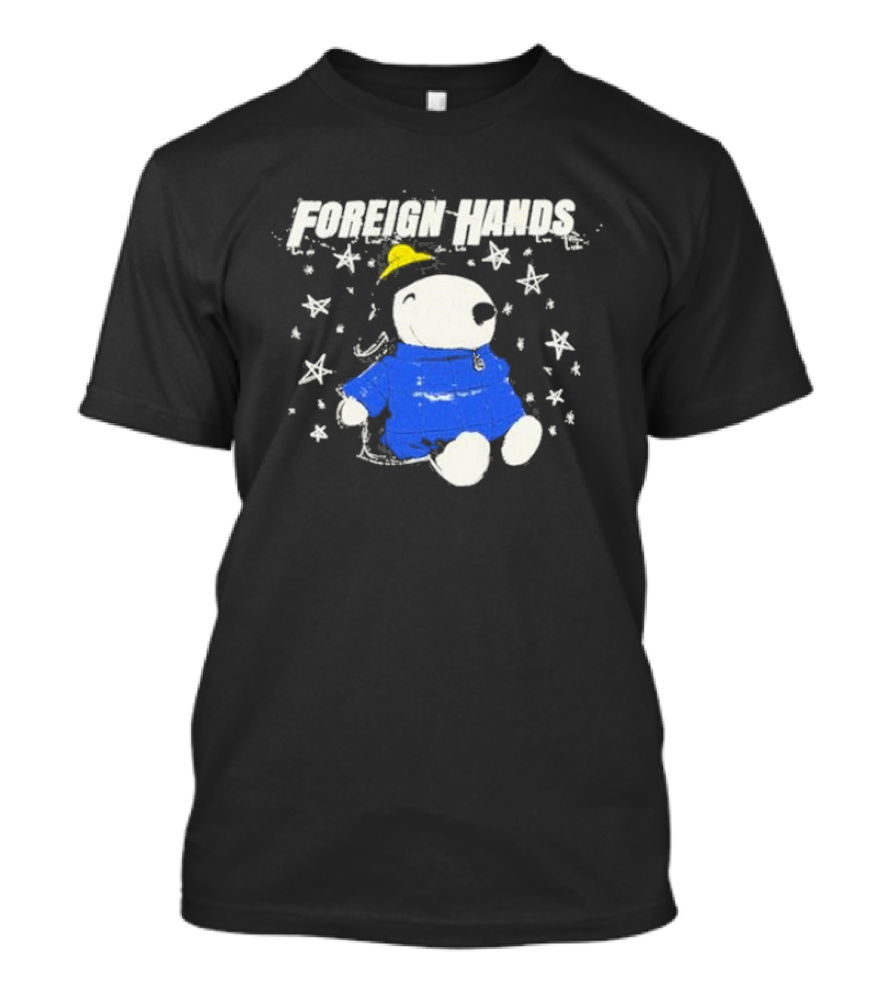 Foreign Hands Dying Wishmas Cute Dog In Blue Jacket With Yellow Hat And Stars T-Shirt