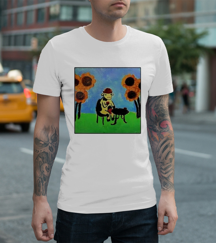 Cow Painting with Sunflowers and Tea Party Scene T-Shirt