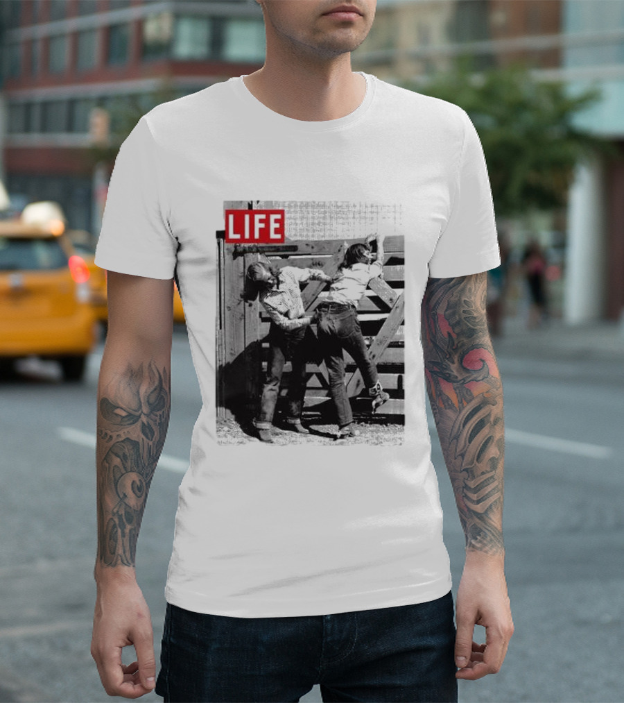 Life Magazine Cowboy Boys Playful Dust Off Fence Scene T-Shirt