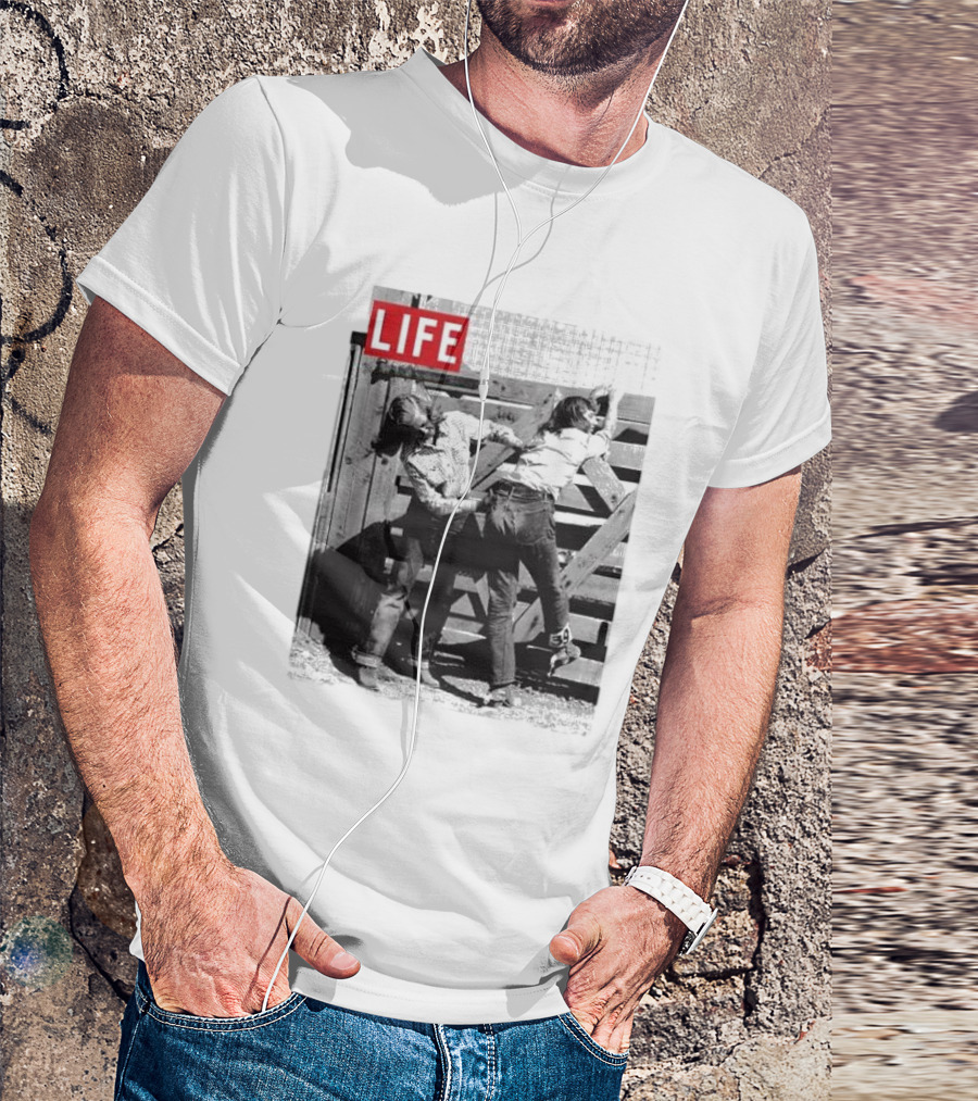 Life Magazine Cowboy Boys Playful Dust Off Fence Scene T-Shirt
