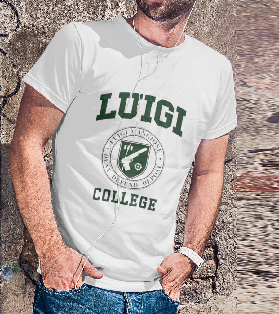Luigi Mangione Deny Defend Depose College Gun Emblem T-Shirt