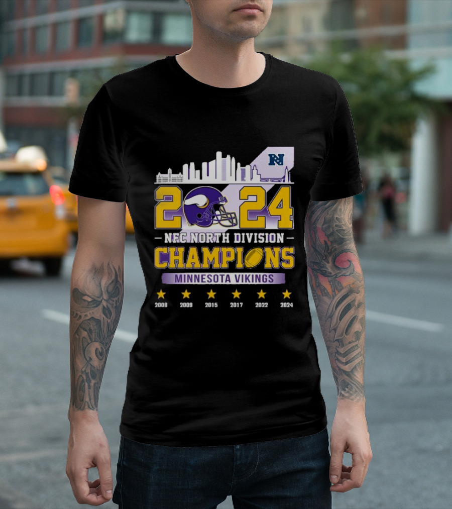 Minnesota Vikings 2024 NFC North Division Champions Skyline Football Helmet Logo Stars T-Shirt