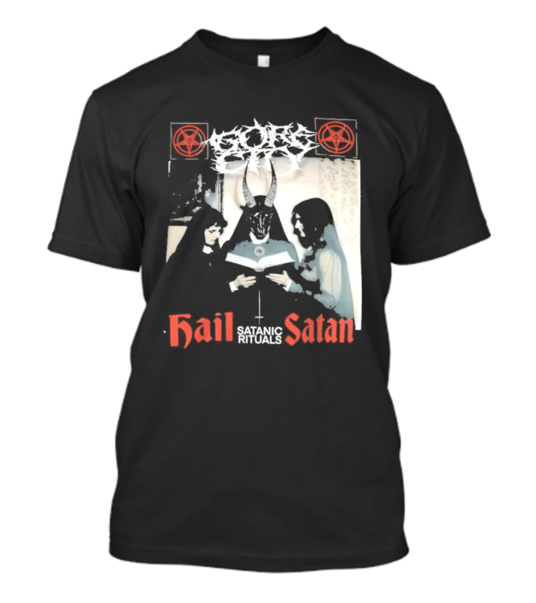 Gore City Hail Satan Satanic Rituals With Pentagram And Horned Figure T-Shirt