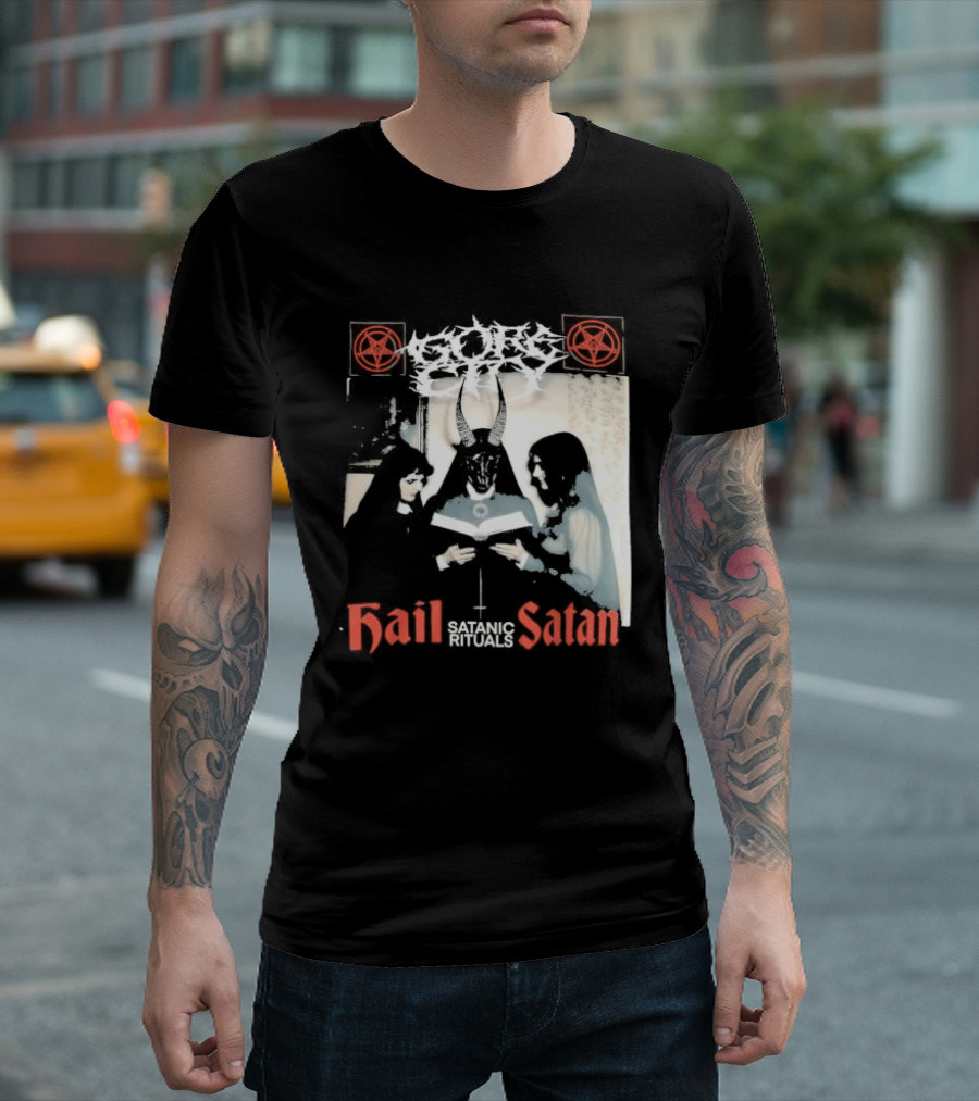 Gore City Hail Satan Satanic Rituals With Pentagram And Horned Figure T-Shirt