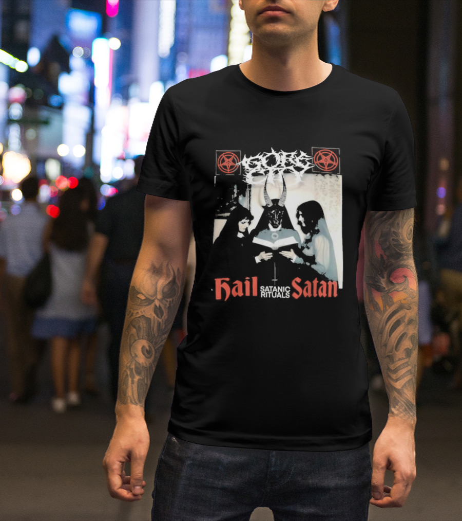 Gore City Hail Satan Satanic Rituals With Pentagram And Horned Figure T-Shirt