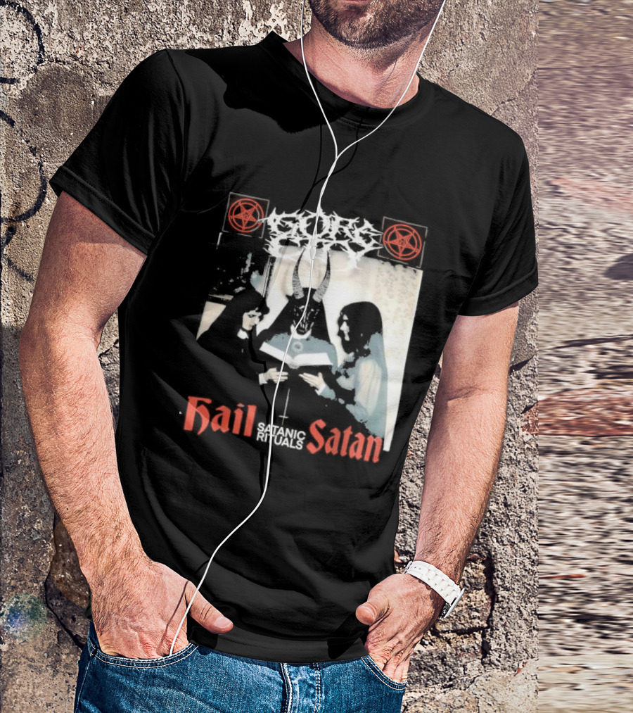 Gore City Hail Satan Satanic Rituals With Pentagram And Horned Figure T-Shirt