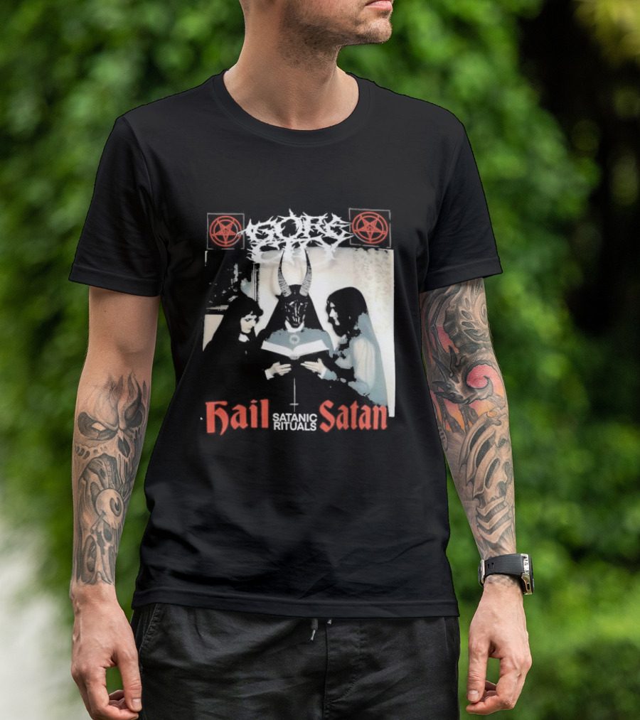 Gore City Hail Satan Satanic Rituals With Pentagram And Horned Figure T-Shirt