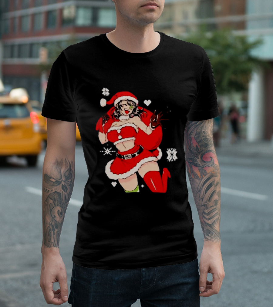 Supps Waifu Uwu Ugly Christmas Santa Anime Girl In Red Outfit With Snowflakes And Hearts T-Shirt