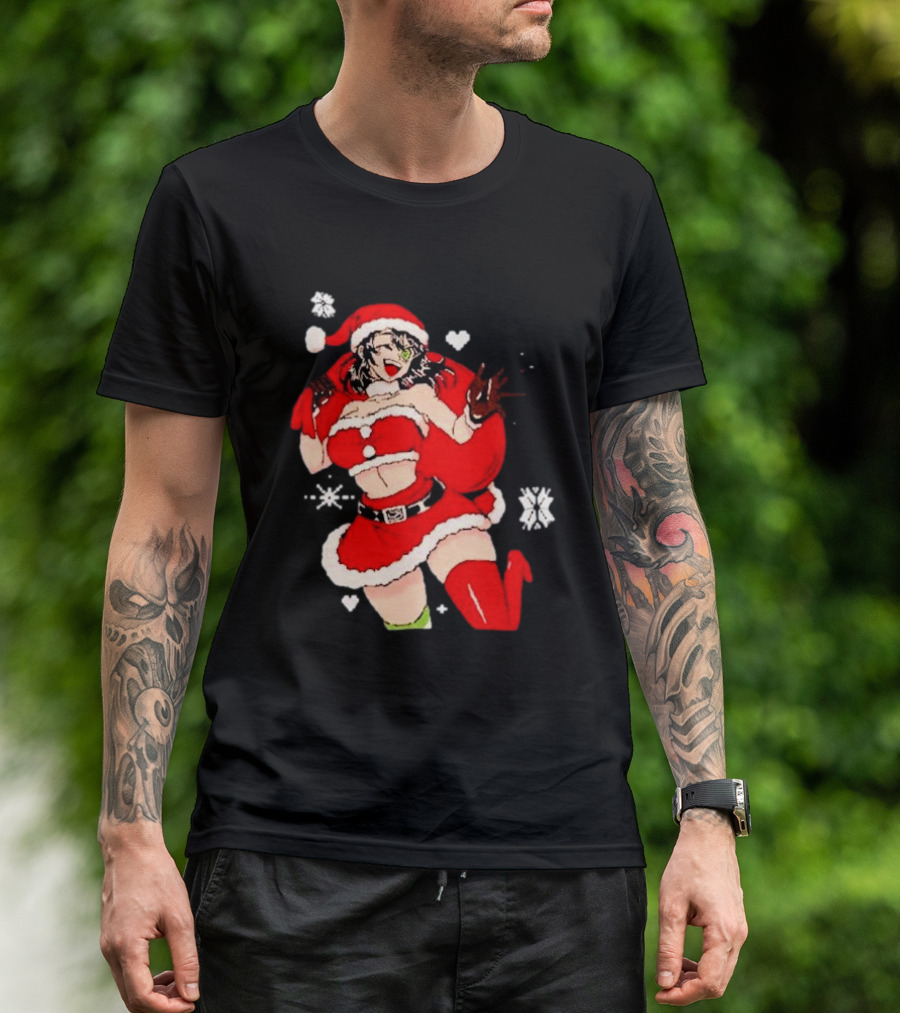 Supps Waifu Uwu Ugly Christmas Santa Anime Girl In Red Outfit With Snowflakes And Hearts T-Shirt