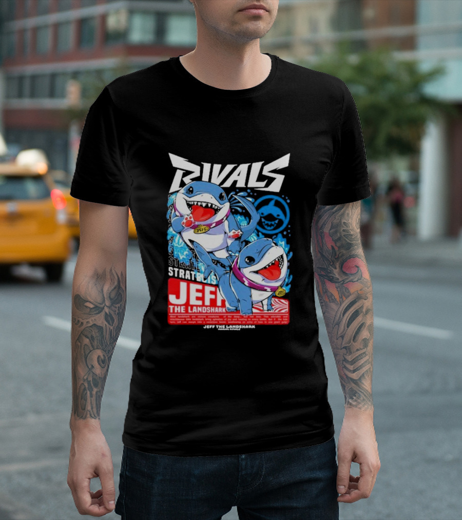 Rivals Stratbois Jeff The Land Shark Anime Style With Blue And Red Cartoon T-Shirt