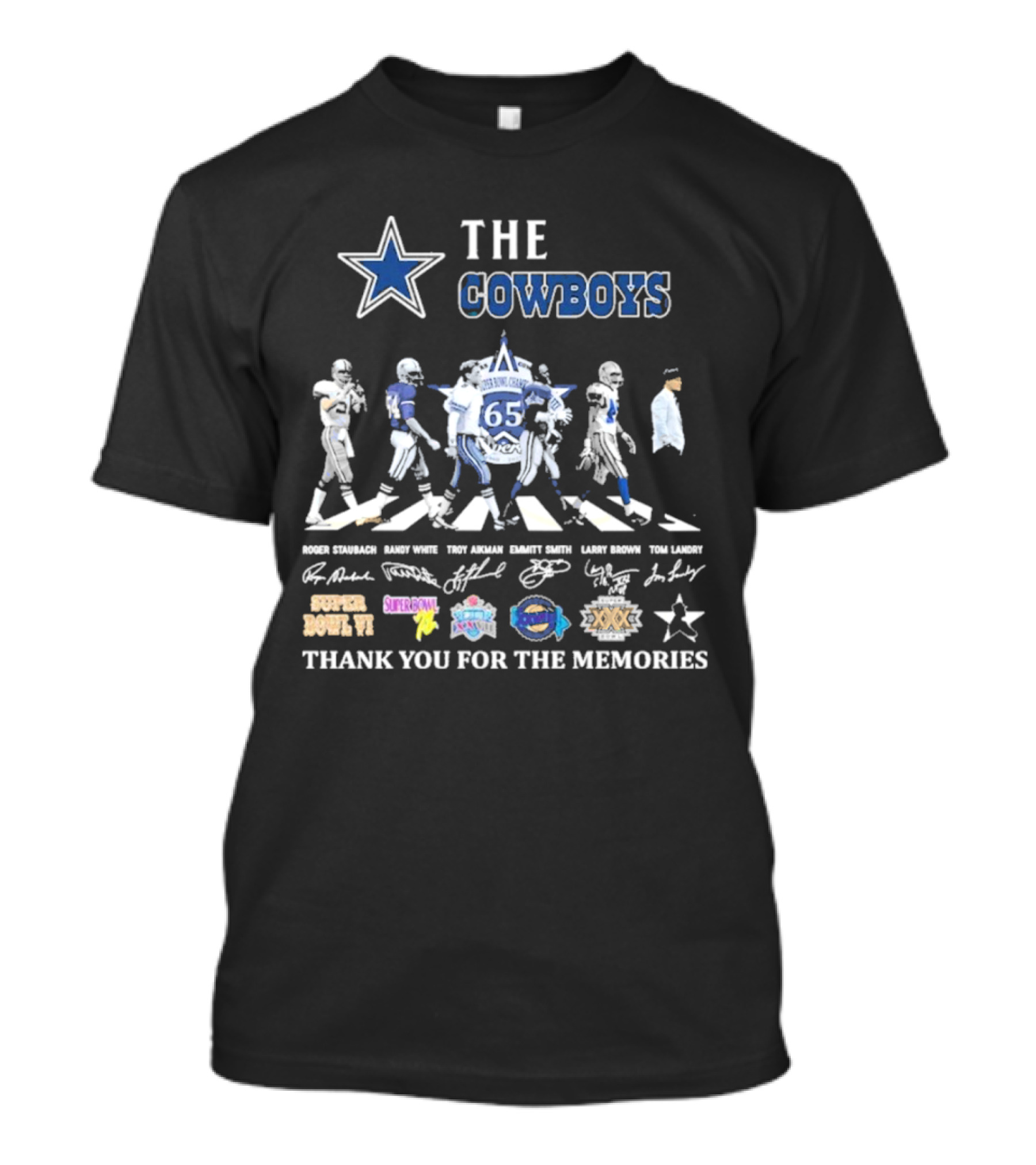 The Cowboys 65 Anniversary Roger Staubach Troy Aikman Emmitt Smith Super Bowl Champions Thank You For The Memories T-Shirt