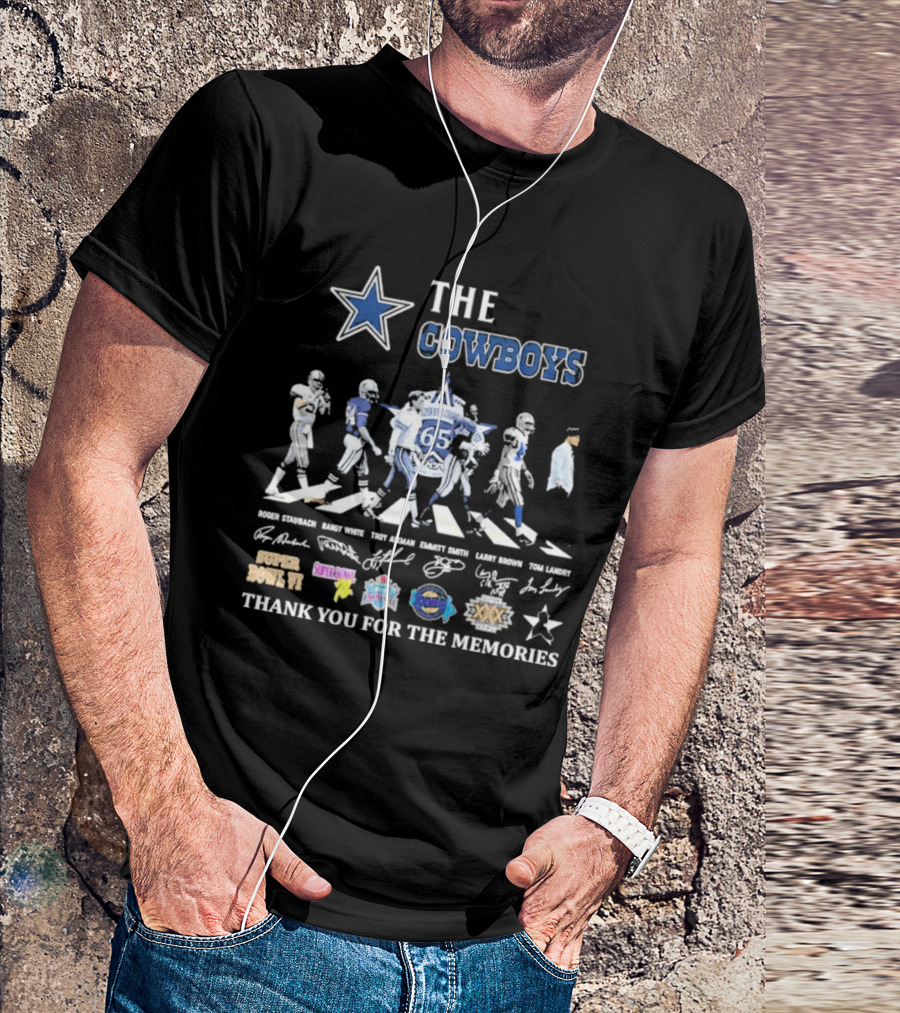 The Cowboys 65 Anniversary Roger Staubach Troy Aikman Emmitt Smith Super Bowl Champions Thank You For The Memories T-Shirt